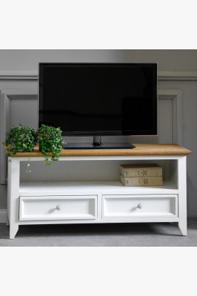 Fehér-barna fenyőfa provence TV-asztal 2 fiókkal Lille típus